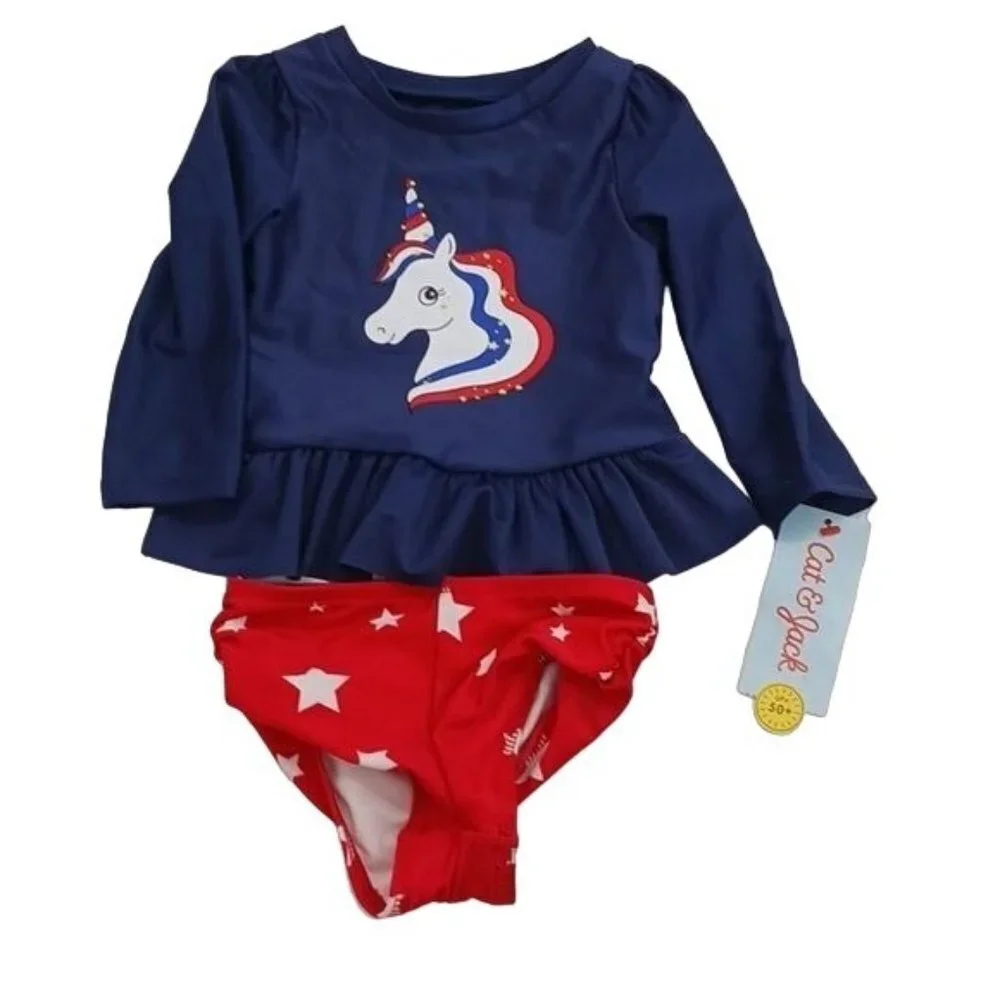 Cat & Jack Swimsuit Red White Blue Patriotic Unicorn 2 Piece Baby Girl Size 12M